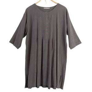 Two Danes Top Tunic Womens MED Gray Button Pleated Oversized Pintuck Lagenlook